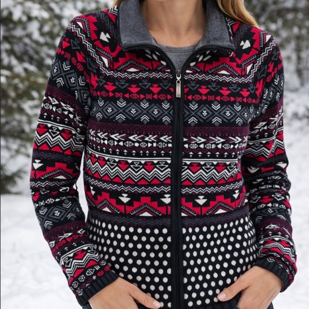 ICELANDIC DESIGN Full Zip Up Nordic Sweater Jacket Red Black White Size Small